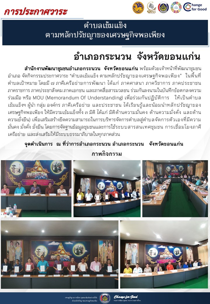 จังหวัดขอนแก่น ประกาศวาระตำบลเข้มแข็ง ตามหลักปรัชญาของเศรษฐกิจพอเพียง