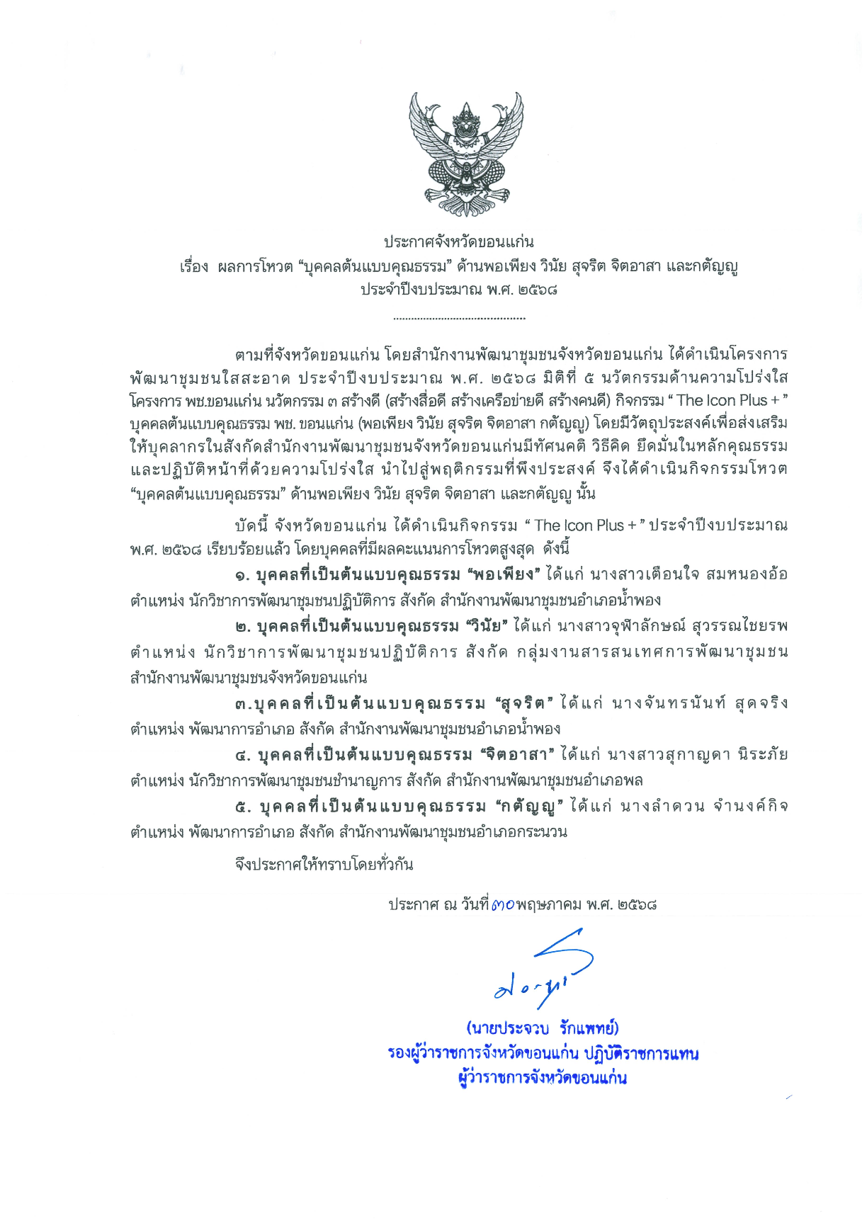โครงการ พช.ขอนแก่น นวัตกรรม 3 สร้างดี (สร้างสื่อดี สร้างเครือข่ายดี สร้างคนดี) กิจกรรม “ The Icon Plus + ” บุคคลต้นแบบคุณธรรม พช. ขอนแก่น (พอเพียง วินัย สุจริต จิตอาสา กตัญญู)